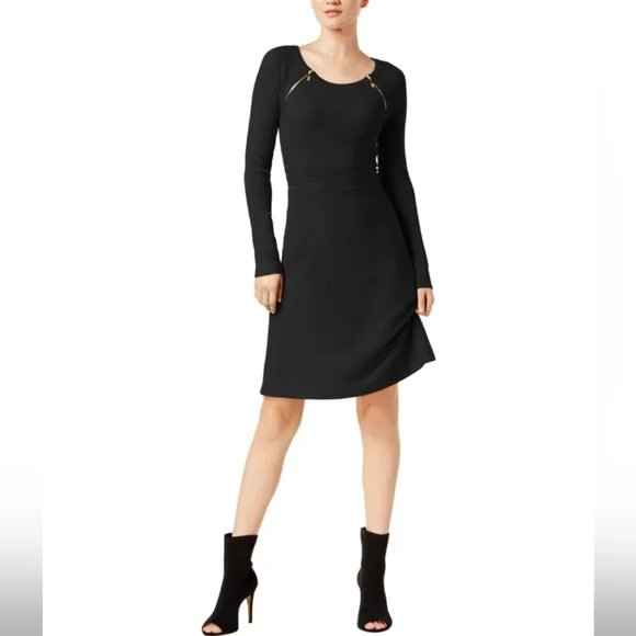 INC $99 Womens Burgundy Zipper Shoulder Ribbed Long Sleeve A-Line Dress